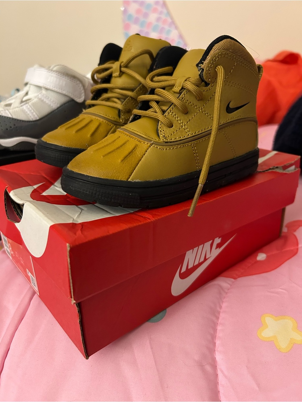 Nike Kids Mustard Yellow High-Top Boots with Black Soles